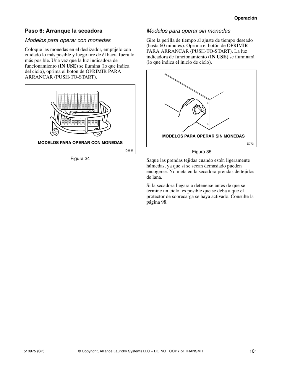 Modelos para operar sin monedas | Alliance Laundry Systems Stacked Clothes Dryer User Manual | Page 103 / 118