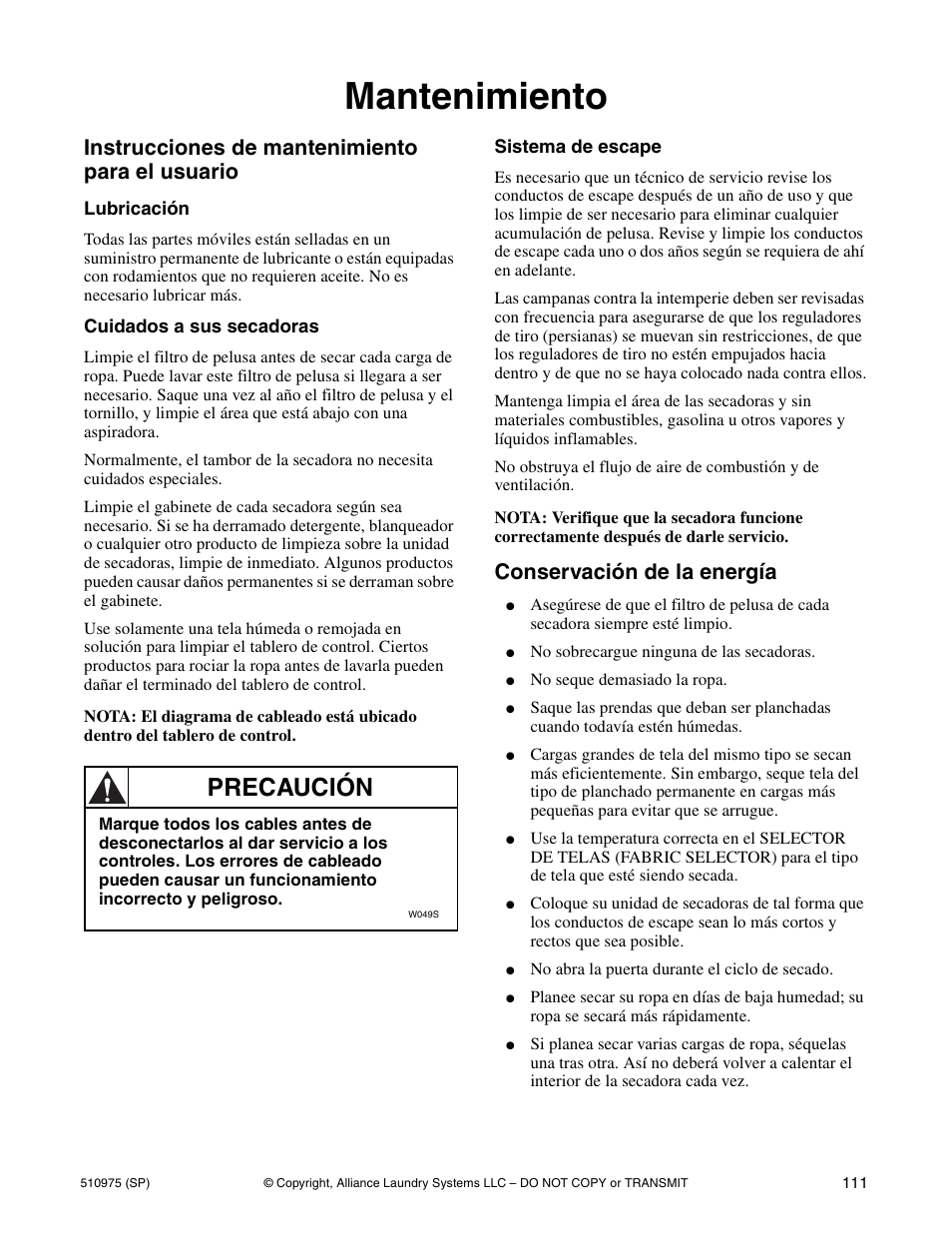 Mantenimiento, Precaución, Instrucciones de mantenimiento para el usuario | Conservación de la energía | Alliance Laundry Systems Stacked Clothes Dryer User Manual | Page 113 / 118