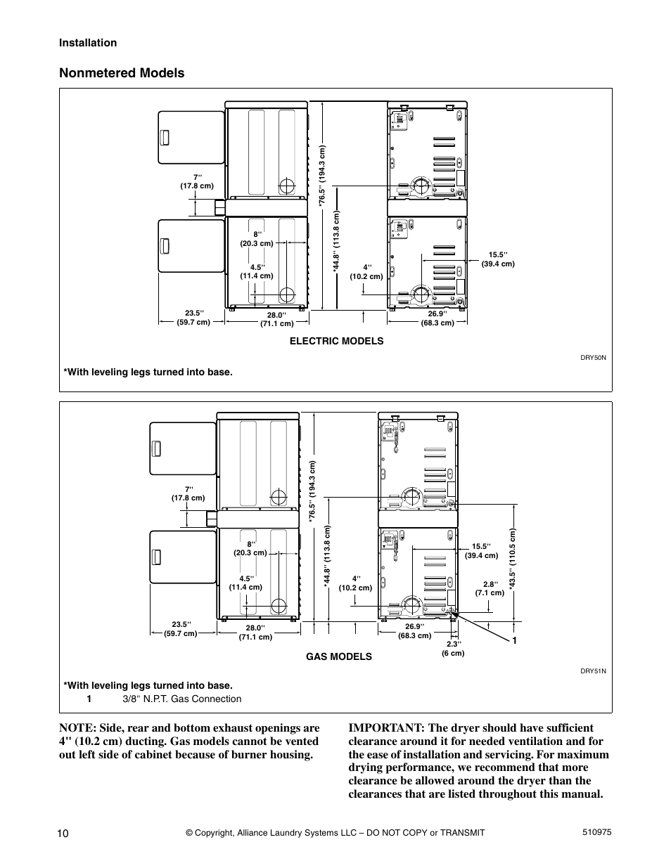 Nonmetered models, Installation | Alliance Laundry Systems Stacked Clothes Dryer User Manual | Page 12 / 118