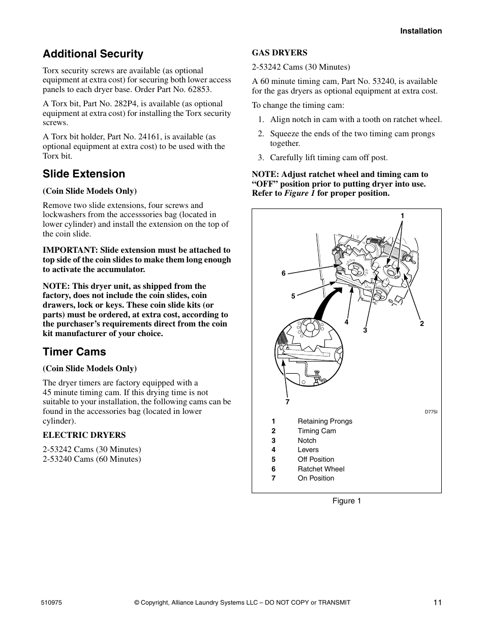 Additional security, Slide extension, Timer cams | Alliance Laundry Systems Stacked Clothes Dryer User Manual | Page 13 / 118