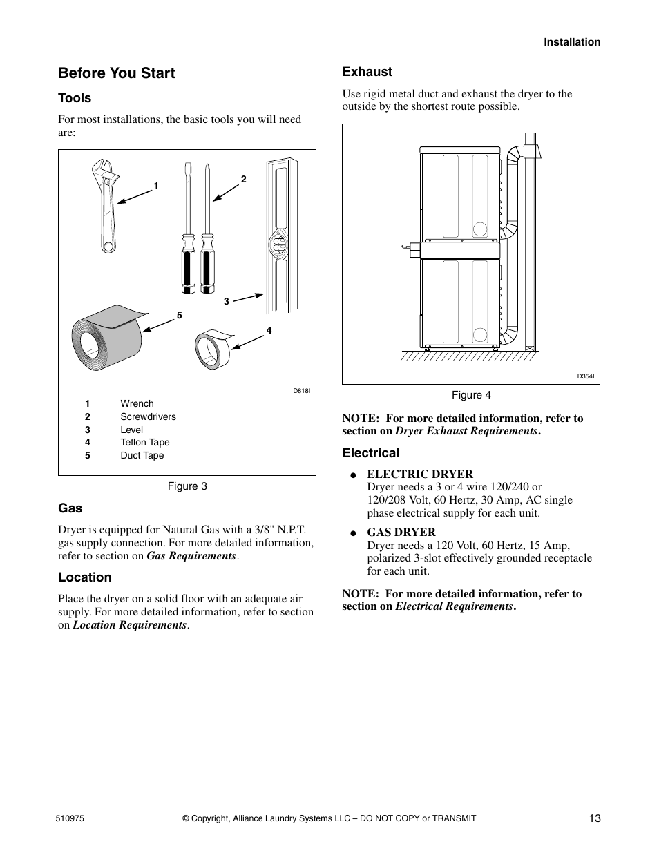 Before you start | Alliance Laundry Systems Stacked Clothes Dryer User Manual | Page 15 / 118