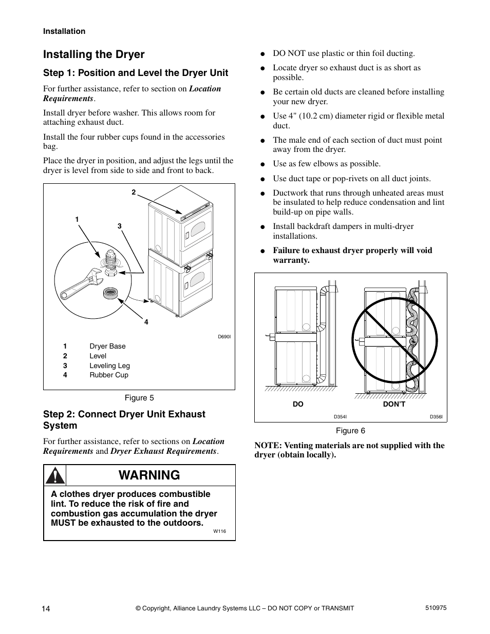 Warning, Installing the dryer, Step 1: position and level the dryer unit | Step 2: connect dryer unit exhaust system | Alliance Laundry Systems Stacked Clothes Dryer User Manual | Page 16 / 118