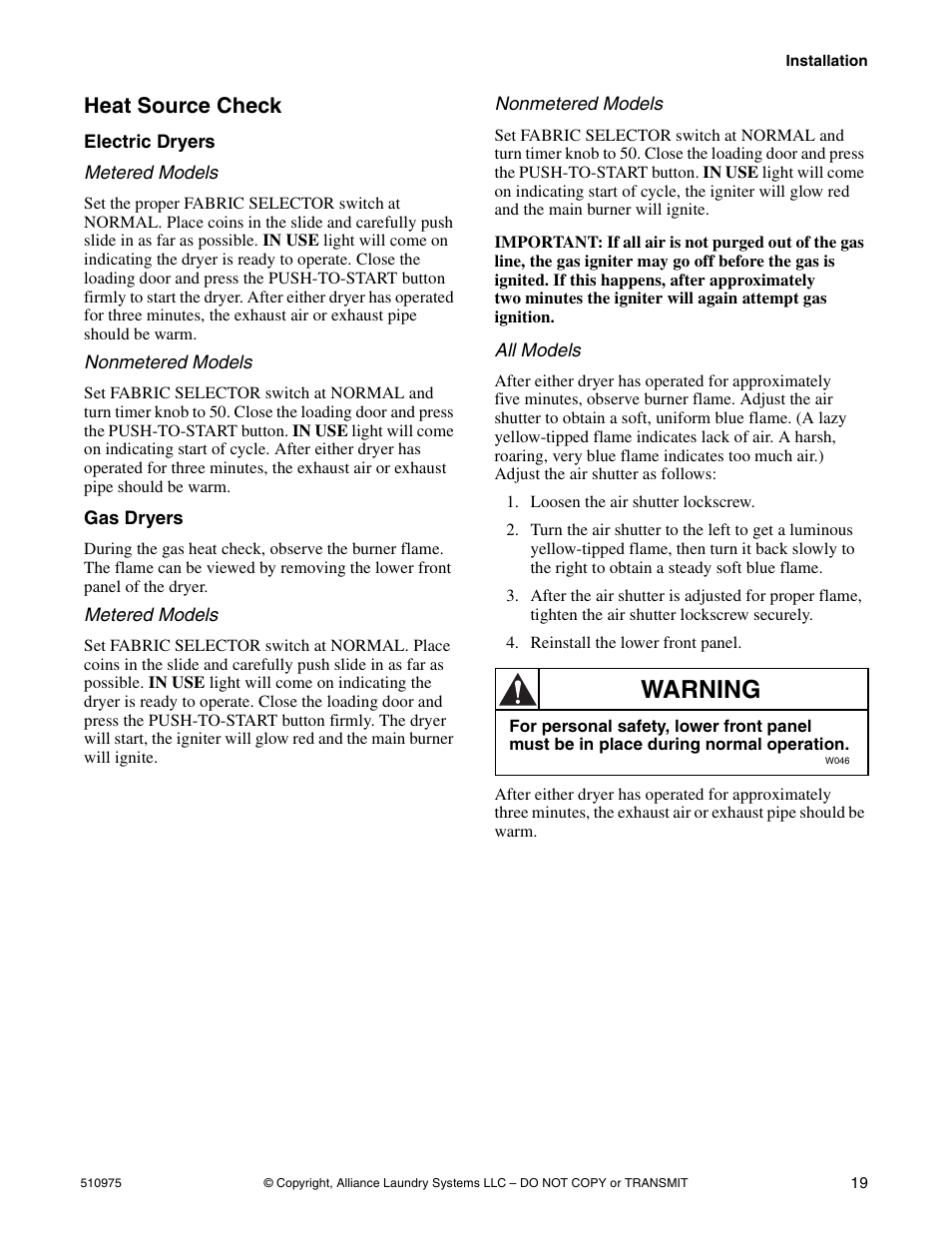 Warning, Heat source check | Alliance Laundry Systems Stacked Clothes Dryer User Manual | Page 21 / 118