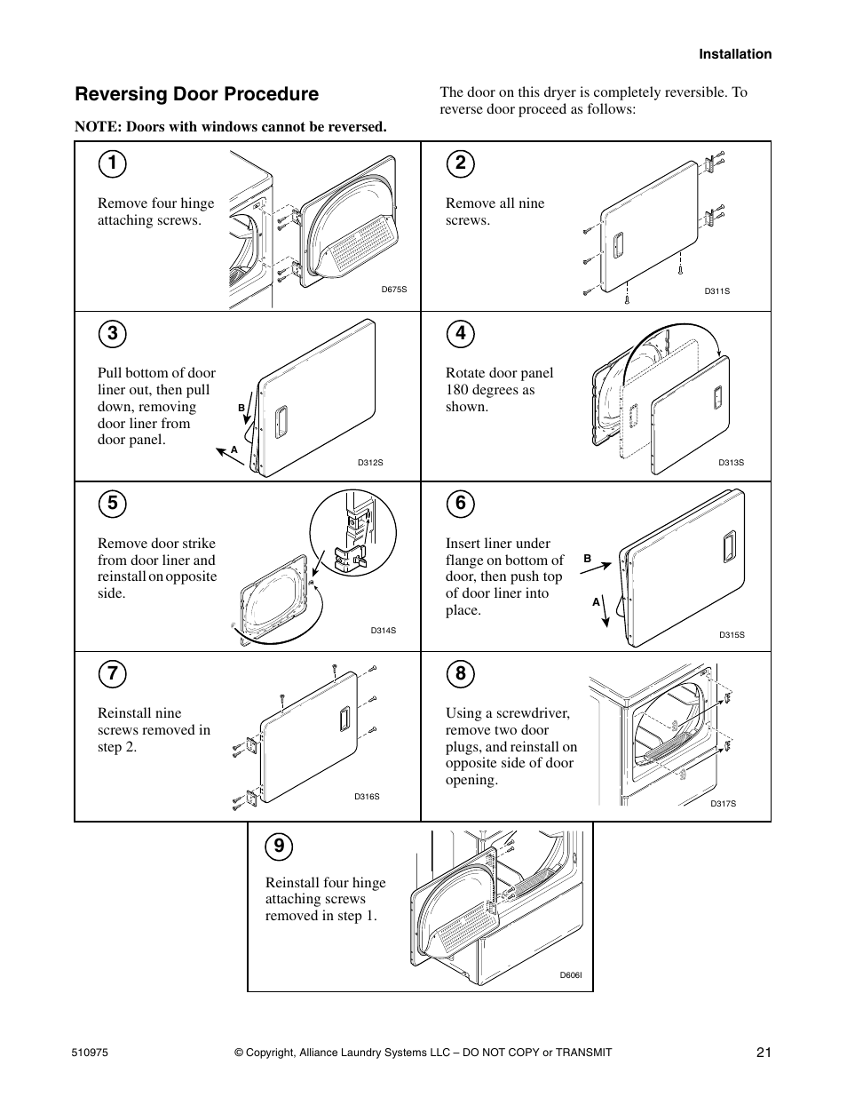 Reversing door procedure | Alliance Laundry Systems Stacked Clothes Dryer User Manual | Page 23 / 118