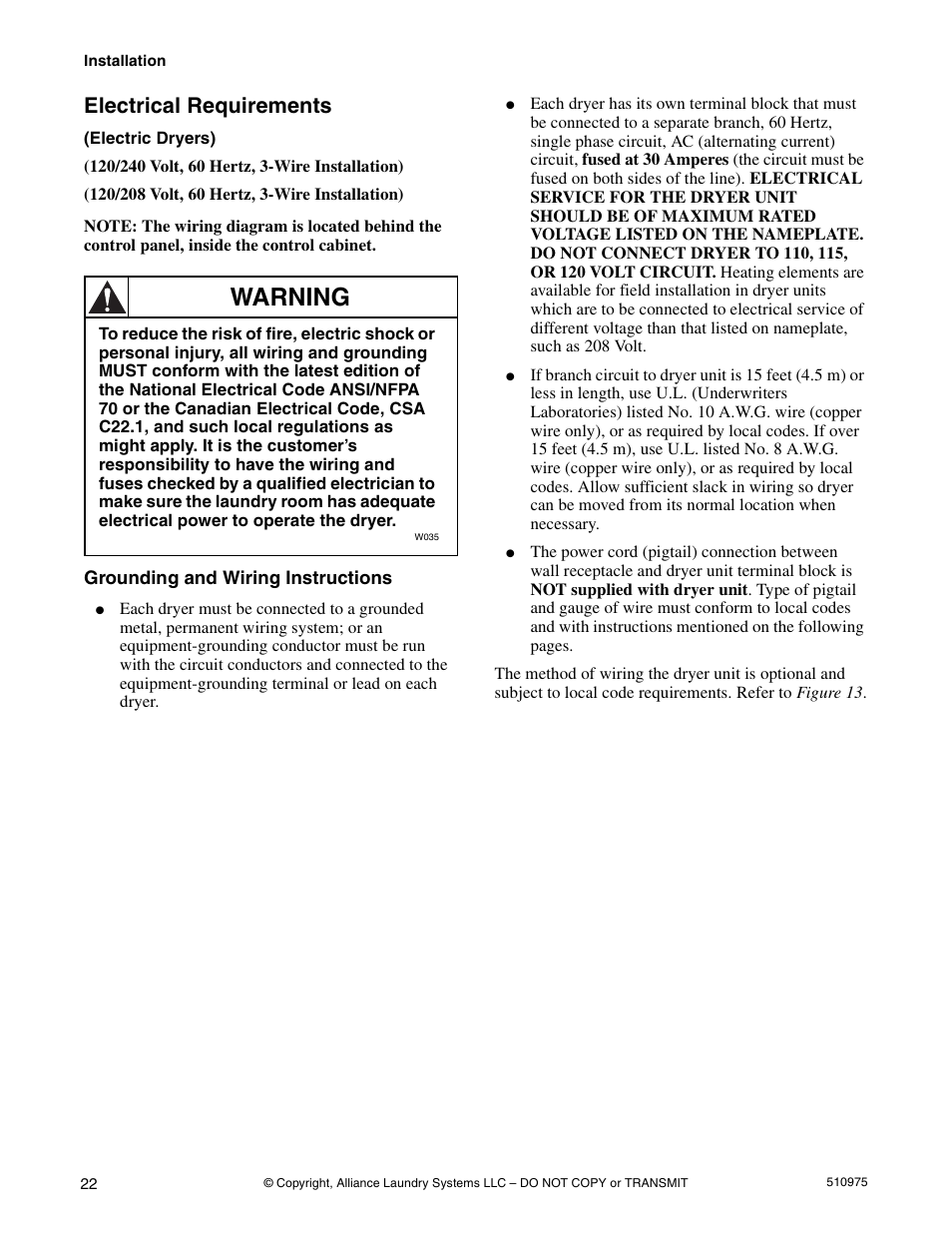 Warning, Electrical requirements | Alliance Laundry Systems Stacked Clothes Dryer User Manual | Page 24 / 118