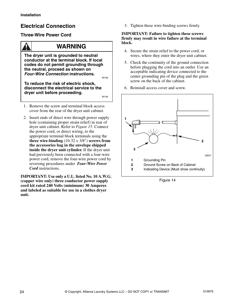 Warning, Electrical connection | Alliance Laundry Systems Stacked Clothes Dryer User Manual | Page 26 / 118