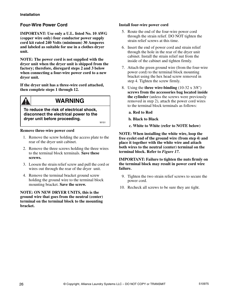 Warning | Alliance Laundry Systems Stacked Clothes Dryer User Manual | Page 28 / 118