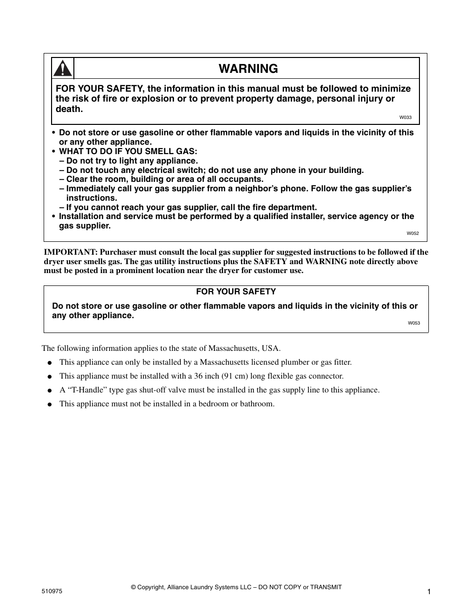 Warning | Alliance Laundry Systems Stacked Clothes Dryer User Manual | Page 3 / 118