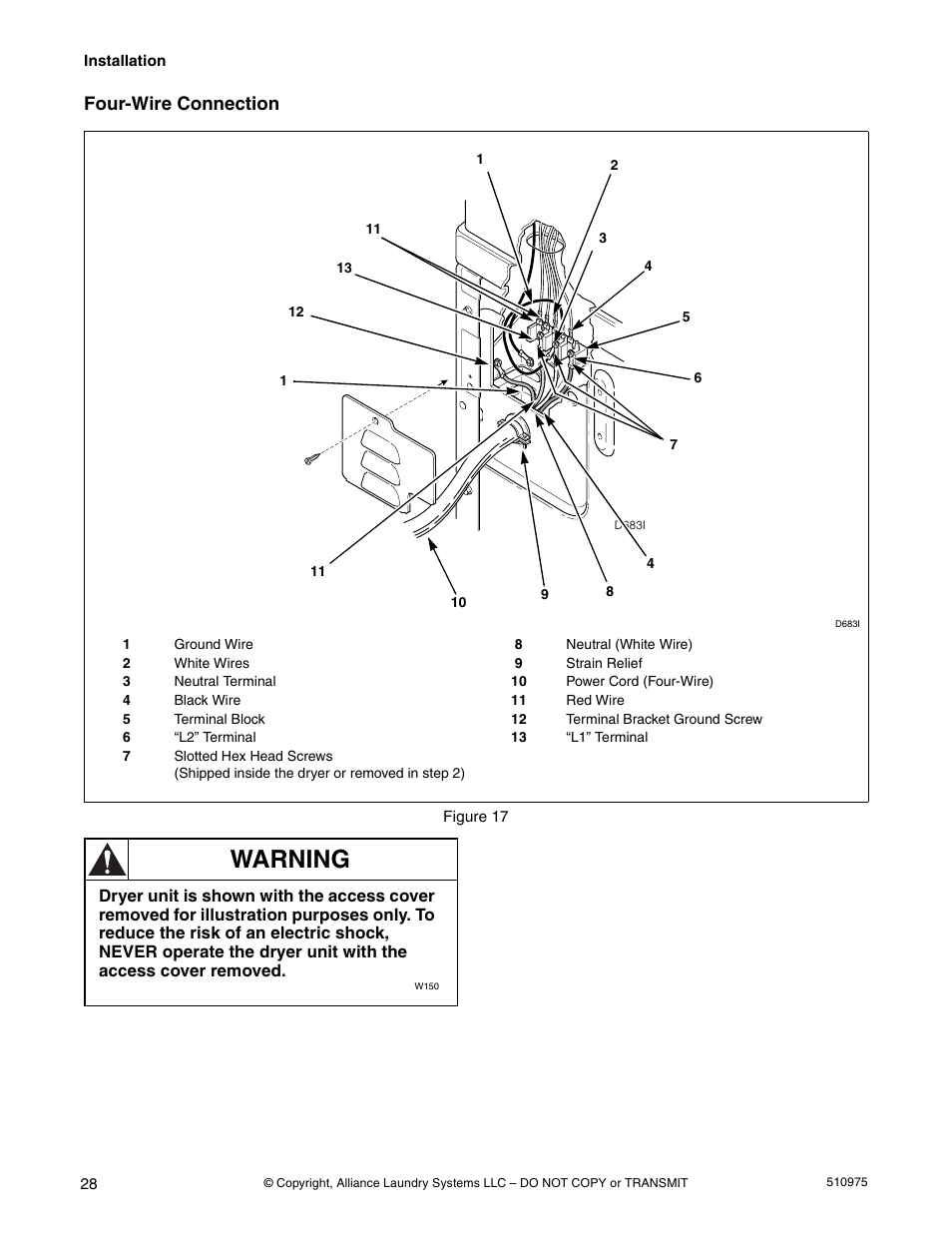 Warning, Four-wire connection | Alliance Laundry Systems Stacked Clothes Dryer User Manual | Page 30 / 118