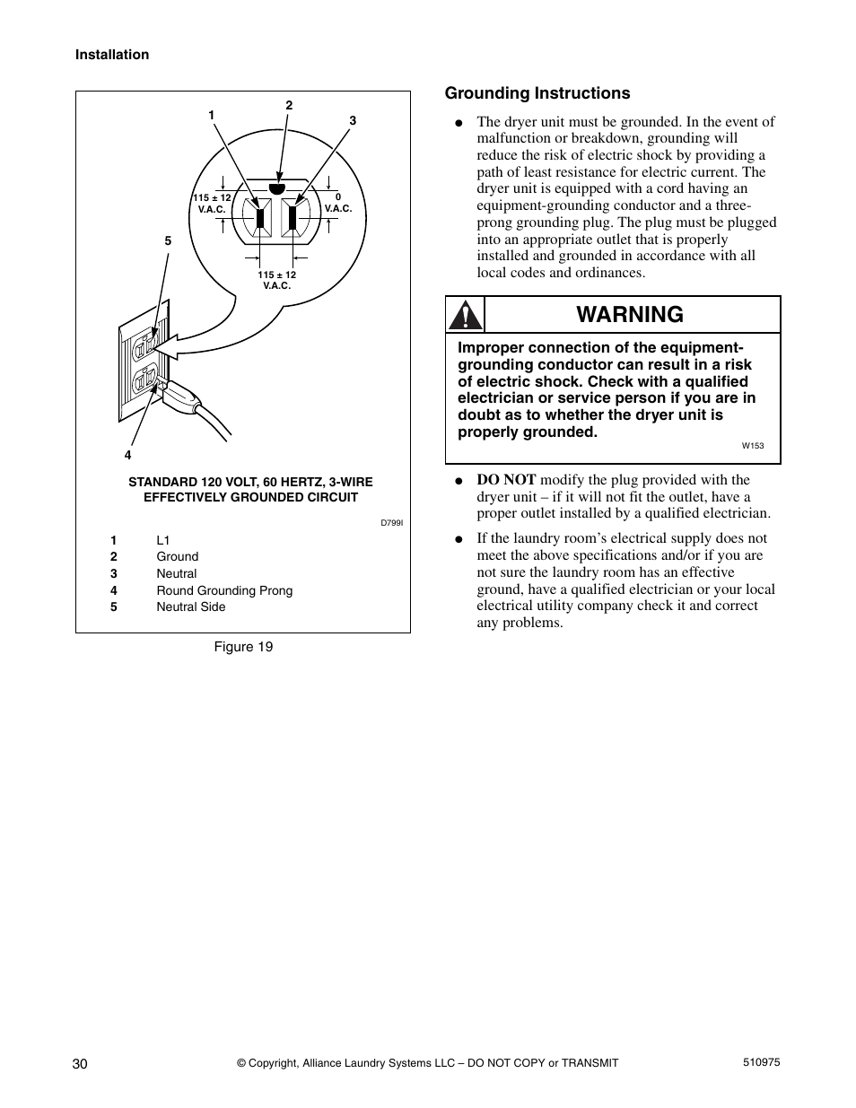 Warning, Grounding instructions | Alliance Laundry Systems Stacked Clothes Dryer User Manual | Page 32 / 118