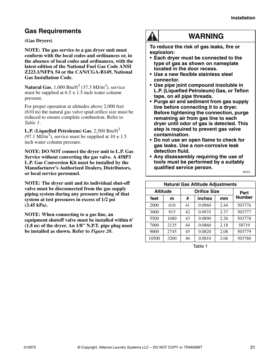 Warning, Gas requirements | Alliance Laundry Systems Stacked Clothes Dryer User Manual | Page 33 / 118