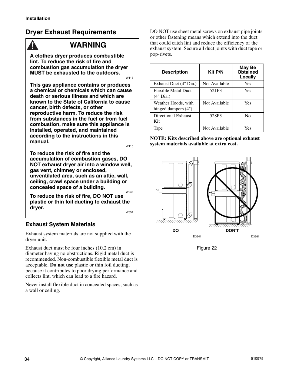 Warning, Dryer exhaust requirements, Exhaust system materials | Alliance Laundry Systems Stacked Clothes Dryer User Manual | Page 36 / 118