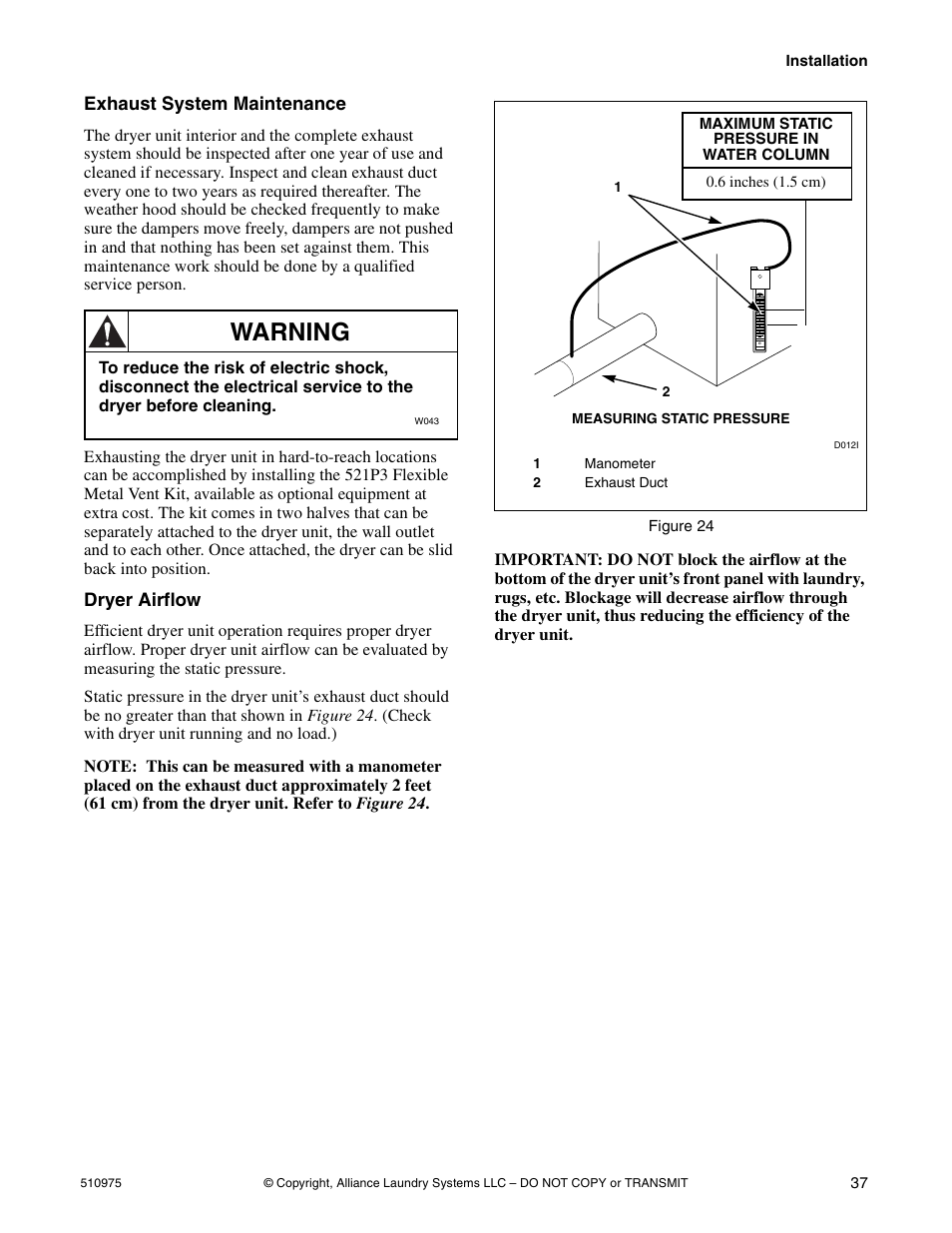 Warning, Exhaust system maintenance, Dryer airflow | Alliance Laundry Systems Stacked Clothes Dryer User Manual | Page 39 / 118