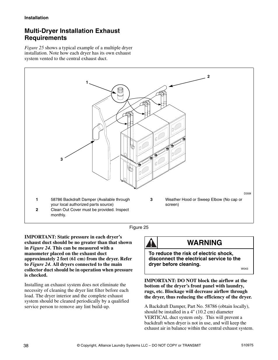 Warning, Multi-dryer installation exhaust requirements | Alliance Laundry Systems Stacked Clothes Dryer User Manual | Page 40 / 118