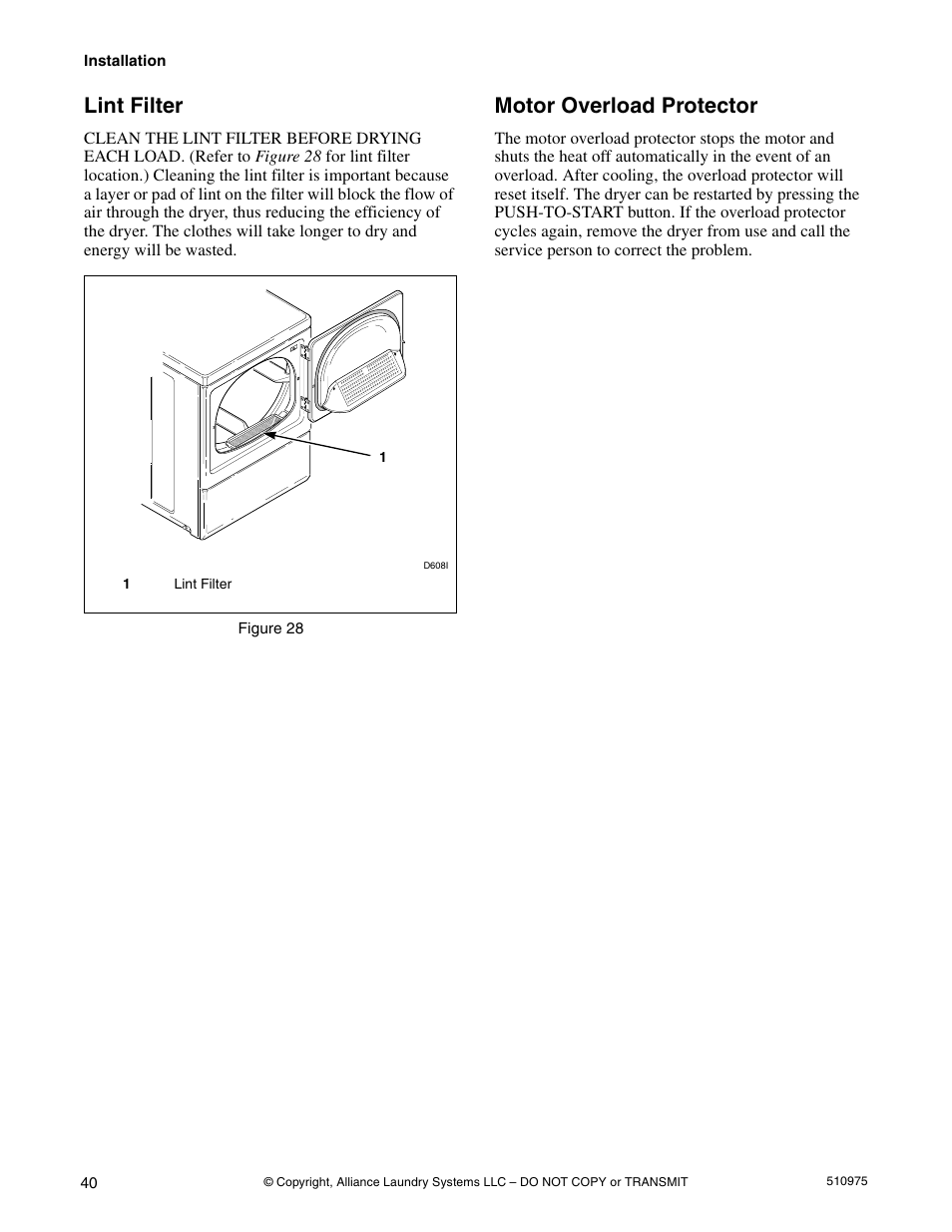 Lint filter, Motor overload protector | Alliance Laundry Systems Stacked Clothes Dryer User Manual | Page 42 / 118