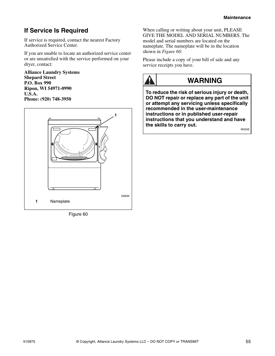 Warning, If service is required | Alliance Laundry Systems Stacked Clothes Dryer User Manual | Page 57 / 118