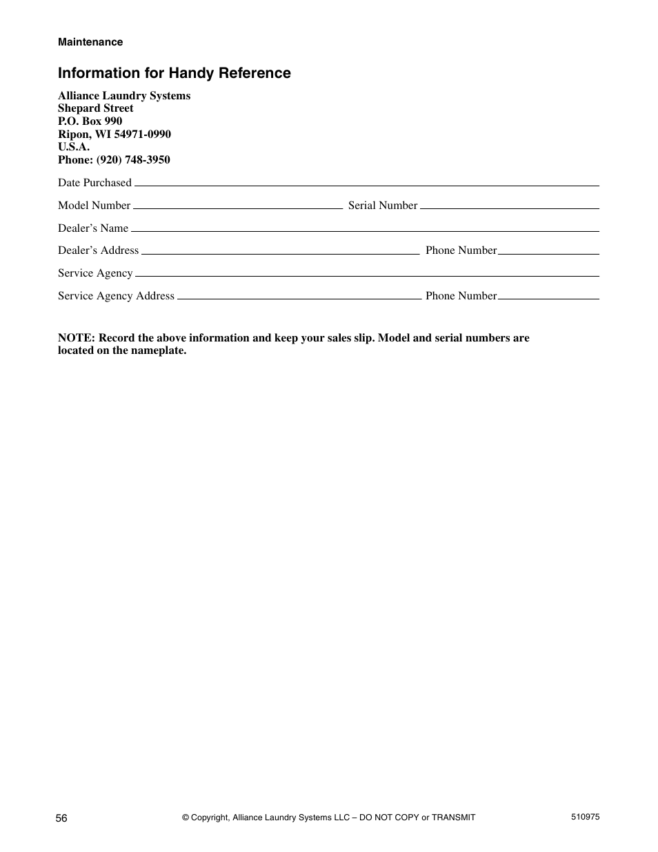 Information for handy reference | Alliance Laundry Systems Stacked Clothes Dryer User Manual | Page 58 / 118