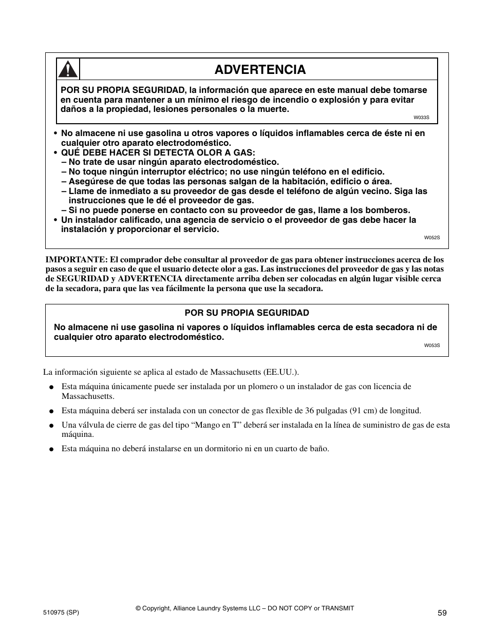 Advertencia | Alliance Laundry Systems Stacked Clothes Dryer User Manual | Page 61 / 118