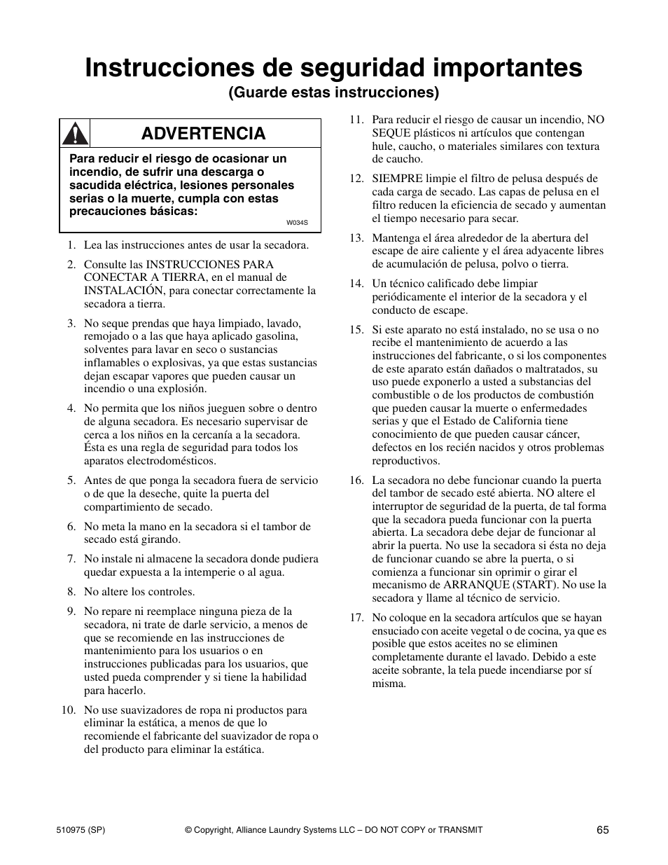 Instrucciones de seguridad importantes, Advertencia, Guarde estas instrucciones) | Alliance Laundry Systems Stacked Clothes Dryer User Manual | Page 67 / 118