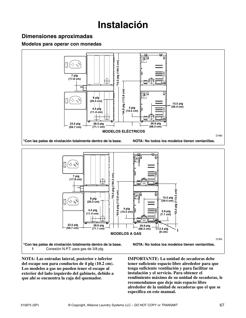 Instalación, Dimensiones aproximadas, Modelos para operar con monedas | Alliance Laundry Systems Stacked Clothes Dryer User Manual | Page 69 / 118