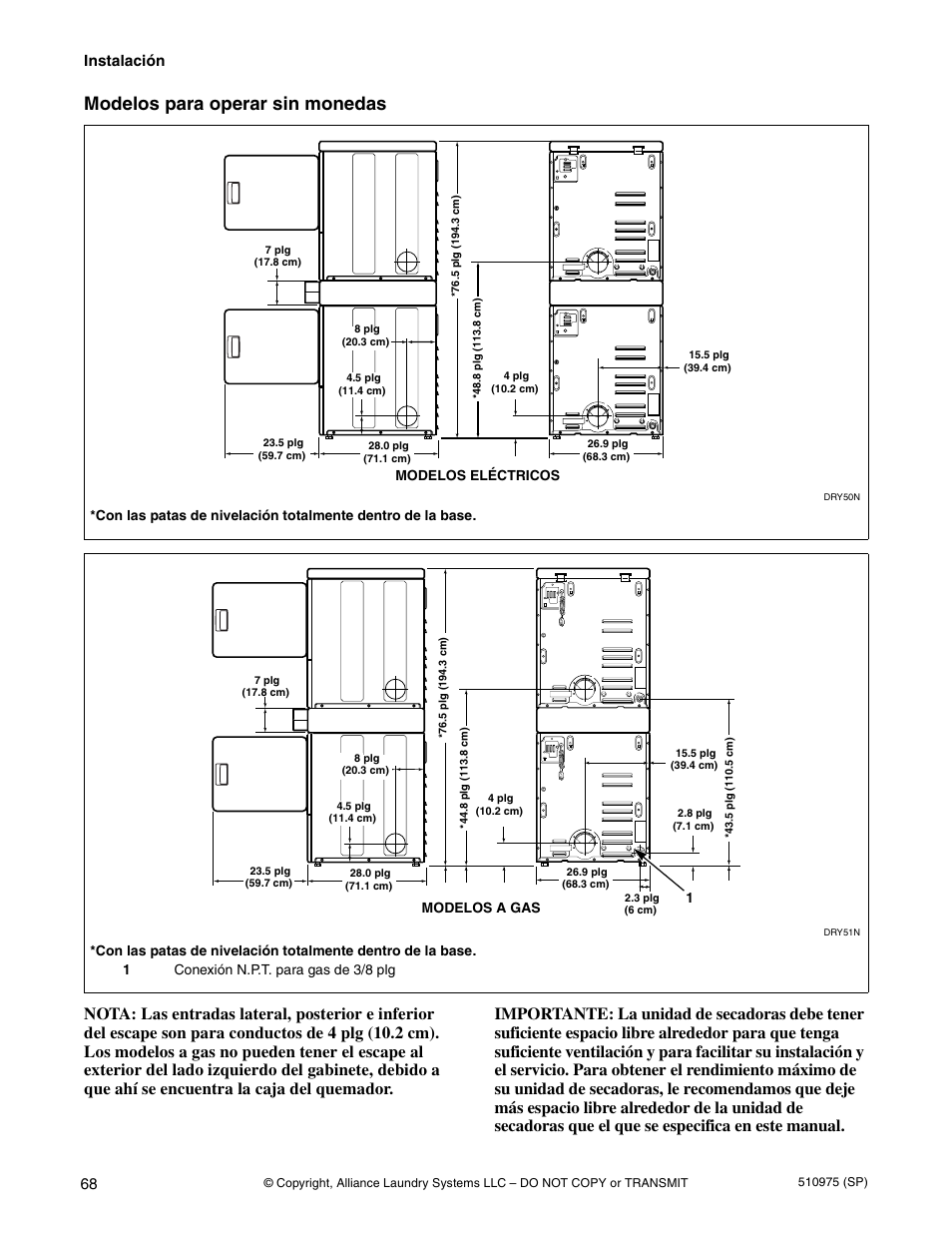 Modelos para operar sin monedas, Instalación | Alliance Laundry Systems Stacked Clothes Dryer User Manual | Page 70 / 118