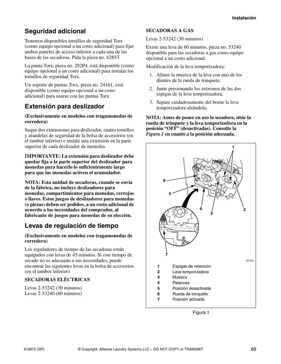 Seguridad adicional, Extensión para deslizador, Levas de regulación de tiempo | Alliance Laundry Systems Stacked Clothes Dryer User Manual | Page 71 / 118