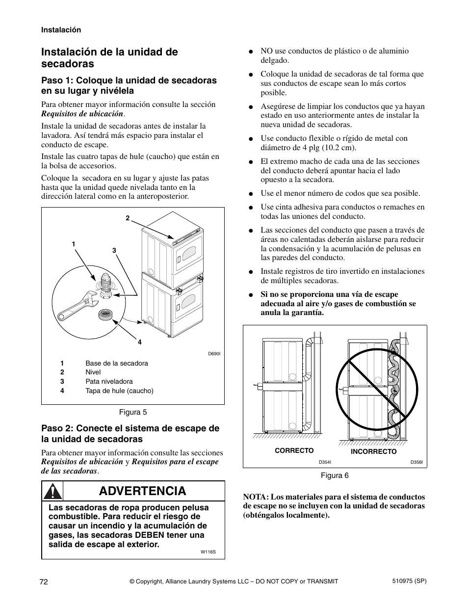 Advertencia, Instalación de la unidad de secadoras | Alliance Laundry Systems Stacked Clothes Dryer User Manual | Page 74 / 118