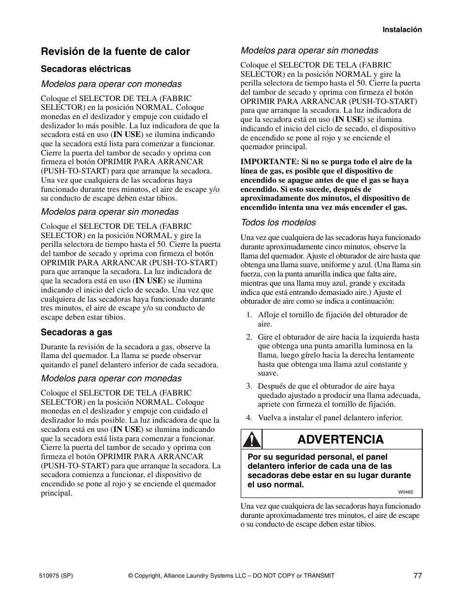 Advertencia, Revisión de la fuente de calor | Alliance Laundry Systems Stacked Clothes Dryer User Manual | Page 79 / 118