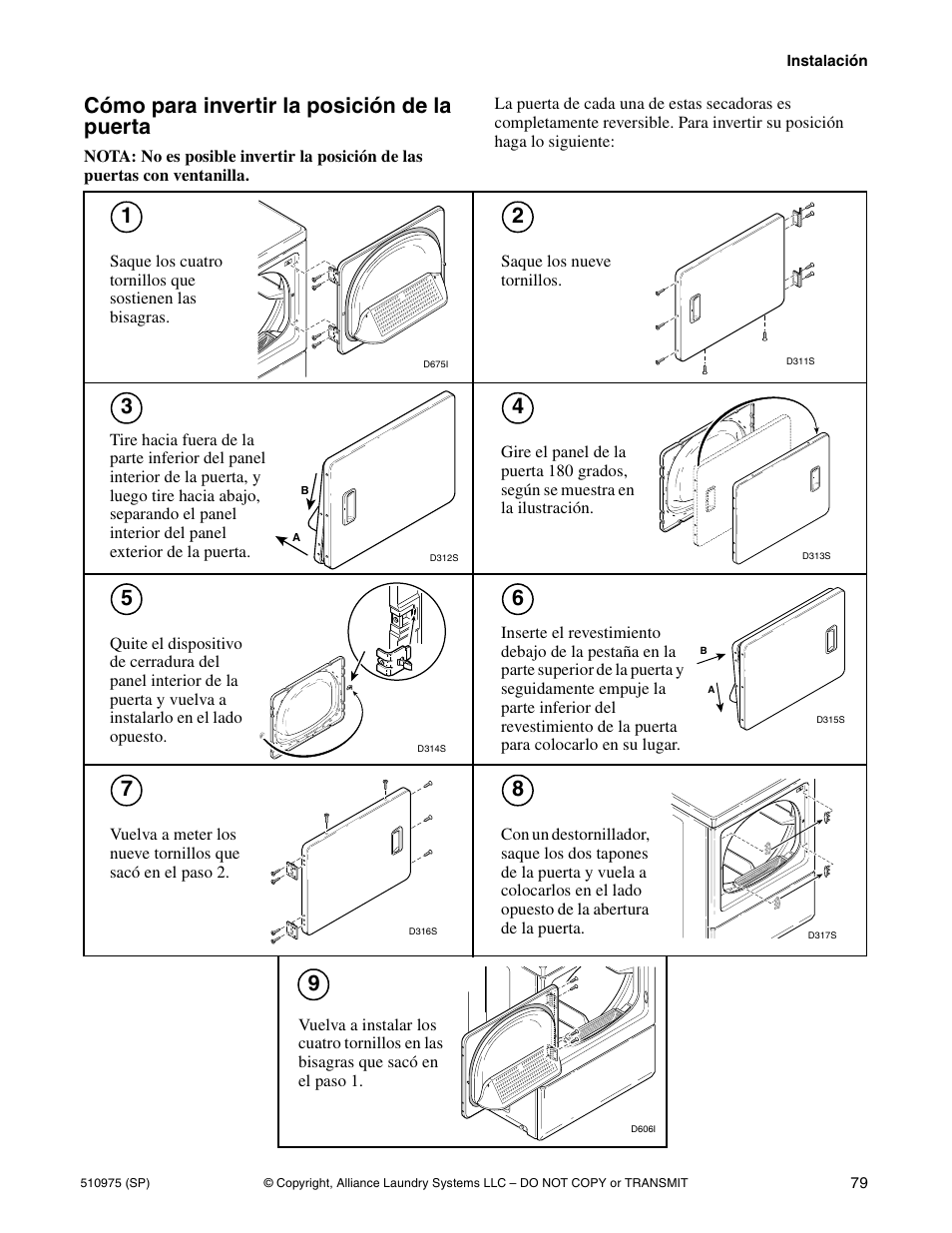 Cómo para invertir la posición de la puerta | Alliance Laundry Systems Stacked Clothes Dryer User Manual | Page 81 / 118