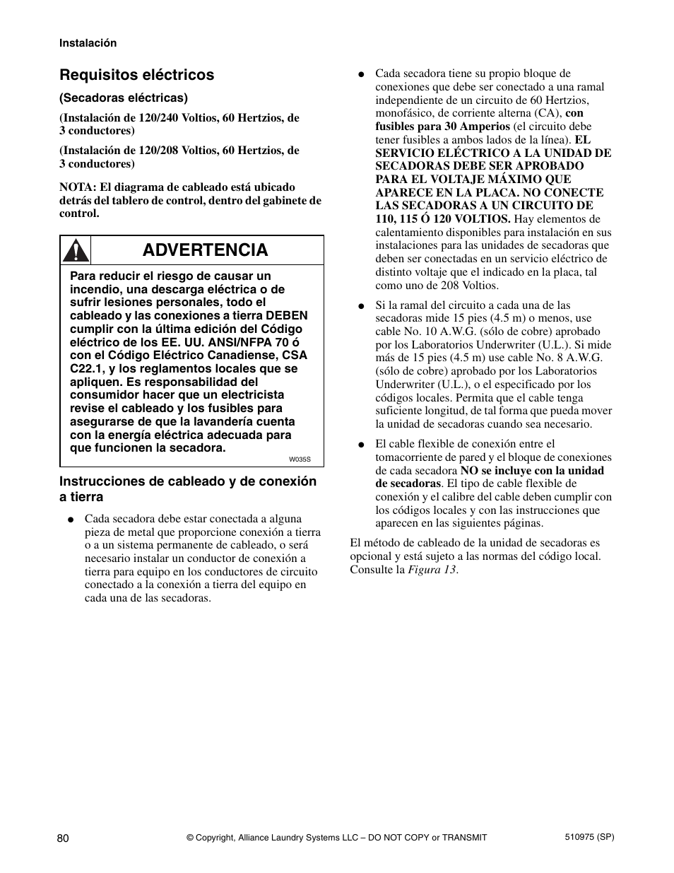 Advertencia, Requisitos eléctricos | Alliance Laundry Systems Stacked Clothes Dryer User Manual | Page 82 / 118