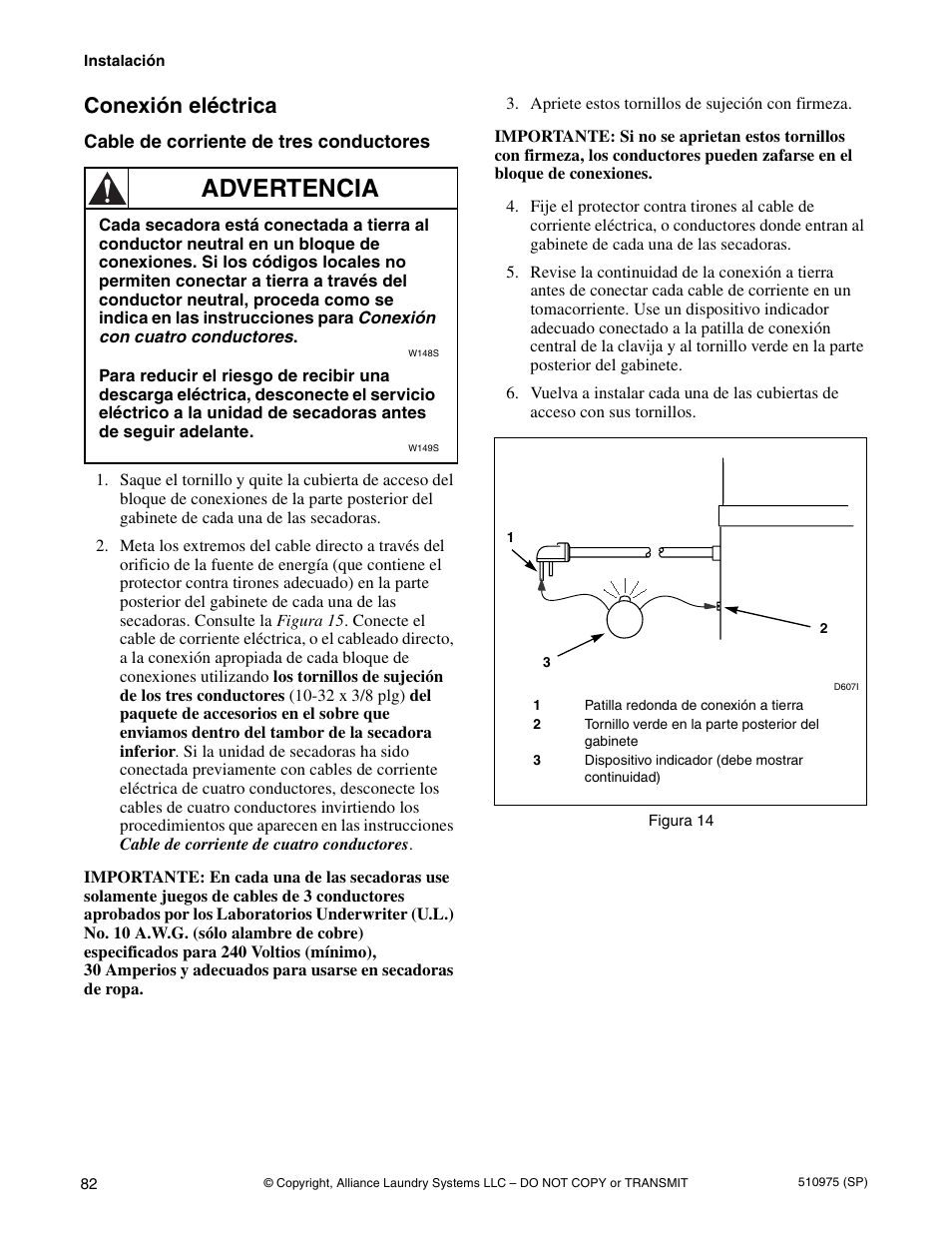 Advertencia, Conexión eléctrica | Alliance Laundry Systems Stacked Clothes Dryer User Manual | Page 84 / 118