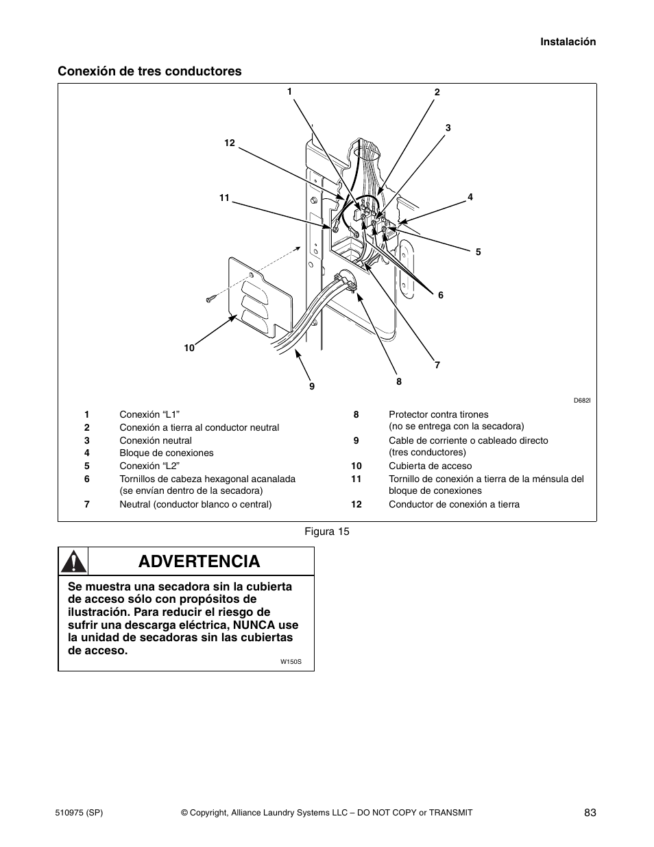 Advertencia, Conexión de tres conductores | Alliance Laundry Systems Stacked Clothes Dryer User Manual | Page 85 / 118