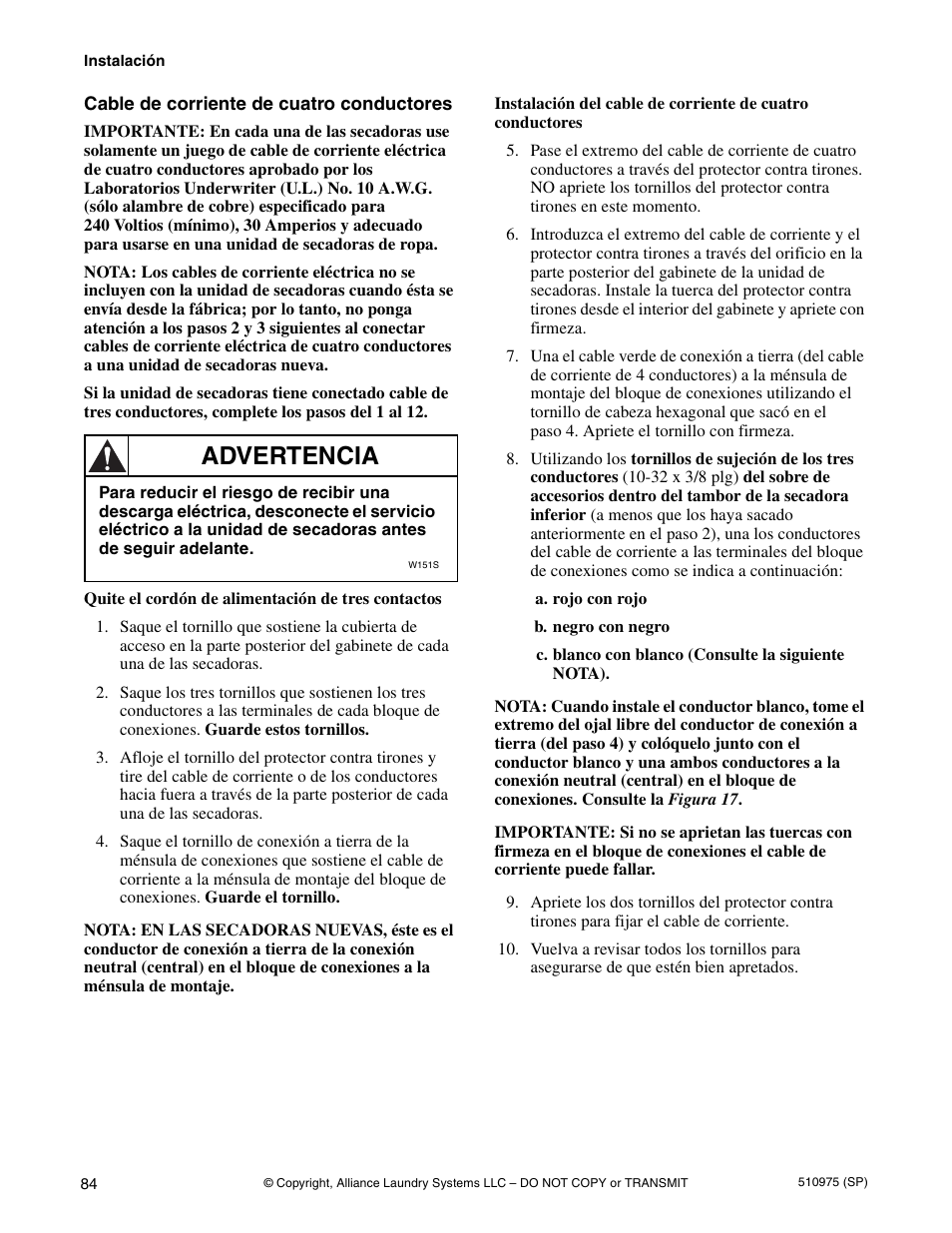 Advertencia | Alliance Laundry Systems Stacked Clothes Dryer User Manual | Page 86 / 118