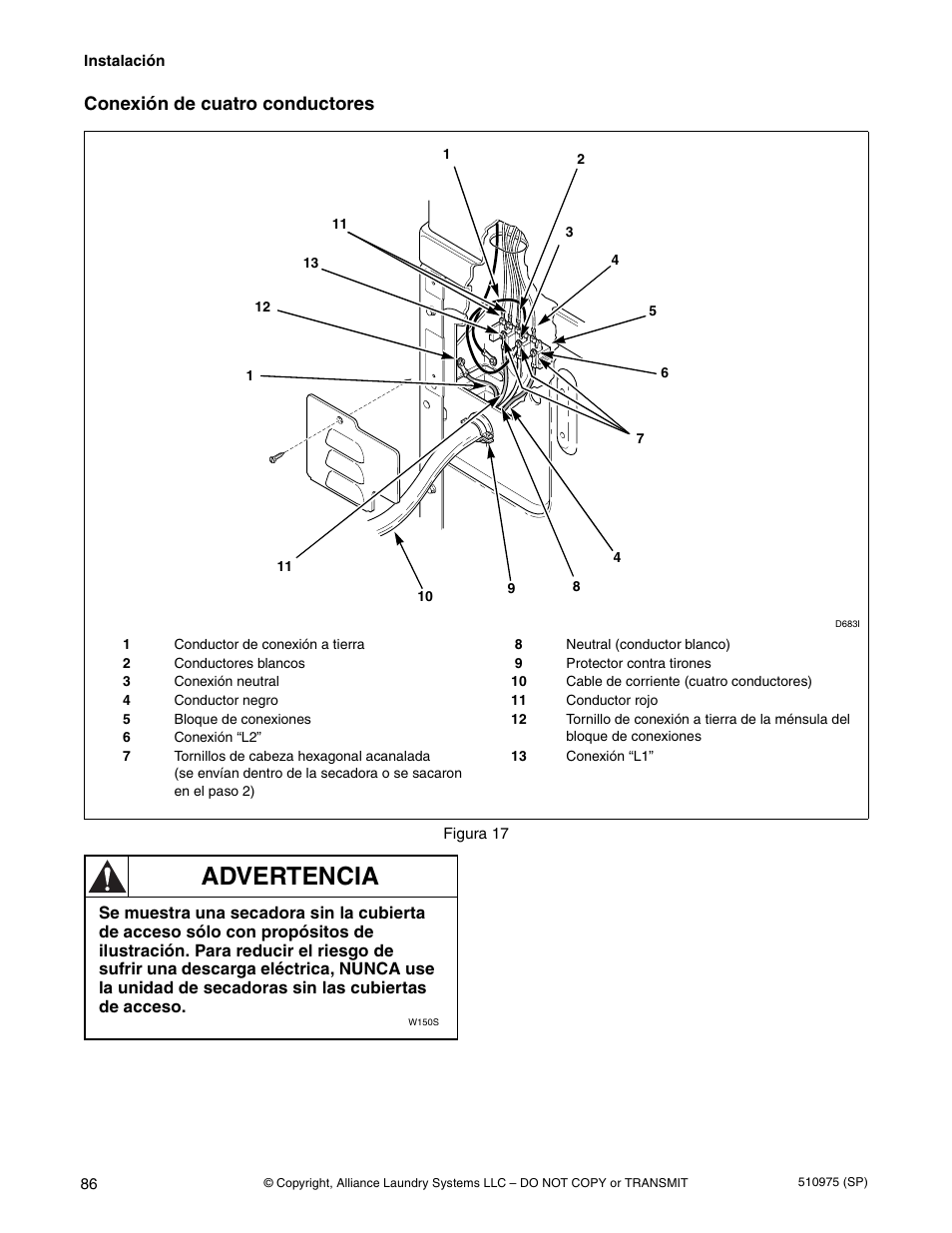 Advertencia, Conexión de cuatro conductores | Alliance Laundry Systems Stacked Clothes Dryer User Manual | Page 88 / 118