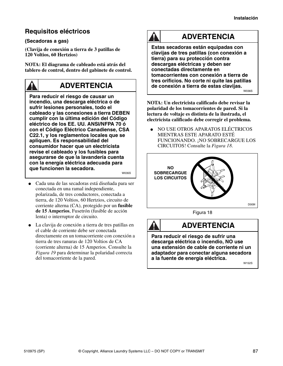 Advertencia, Requisitos eléctricos | Alliance Laundry Systems Stacked Clothes Dryer User Manual | Page 89 / 118