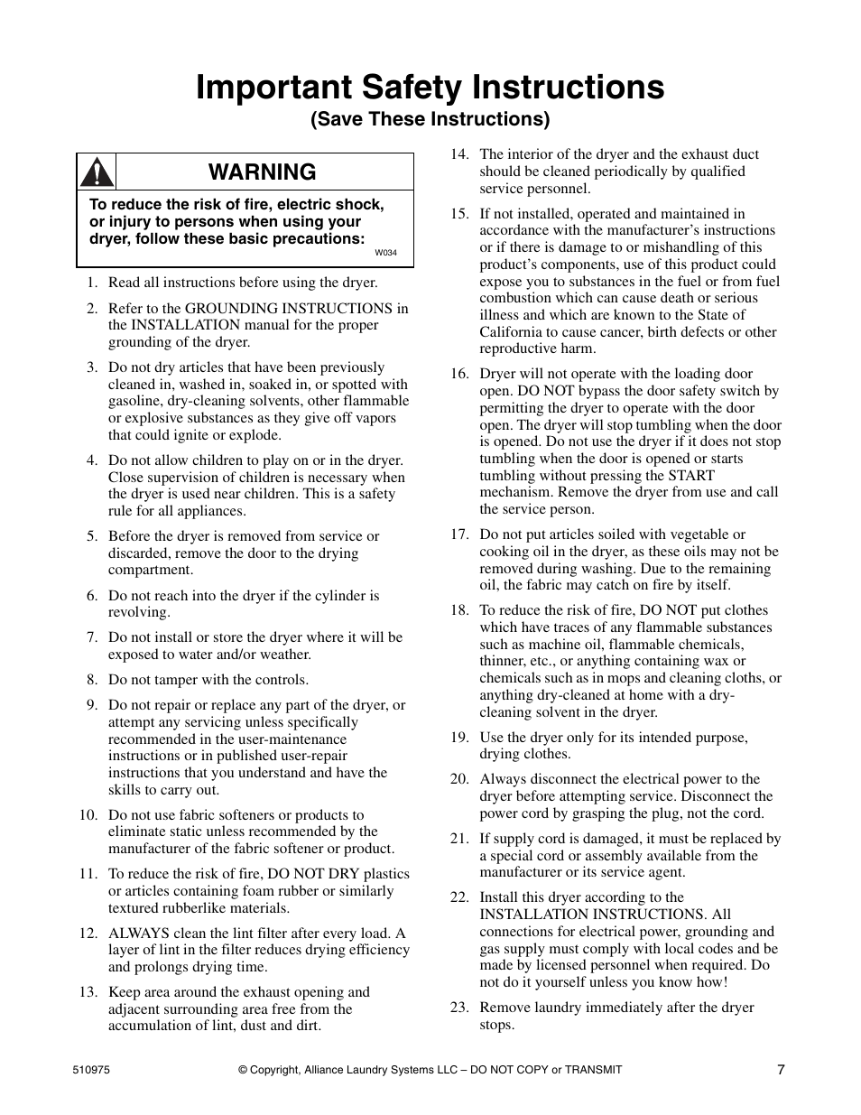 Important safety instructions, Warning, Save these instructions) | Alliance Laundry Systems Stacked Clothes Dryer User Manual | Page 9 / 118