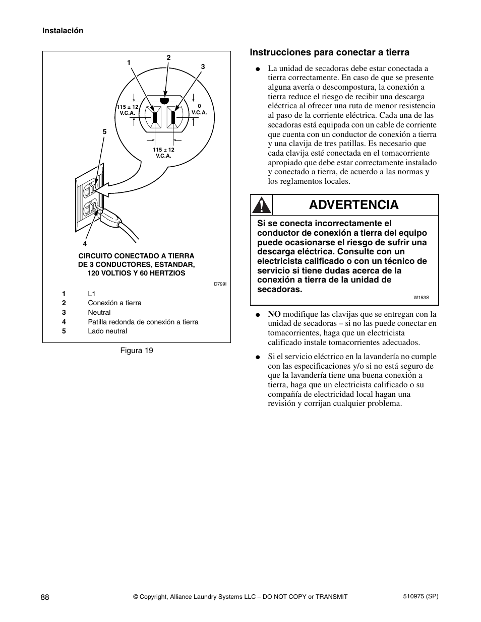 Advertencia, Instrucciones para conectar a tierra | Alliance Laundry Systems Stacked Clothes Dryer User Manual | Page 90 / 118