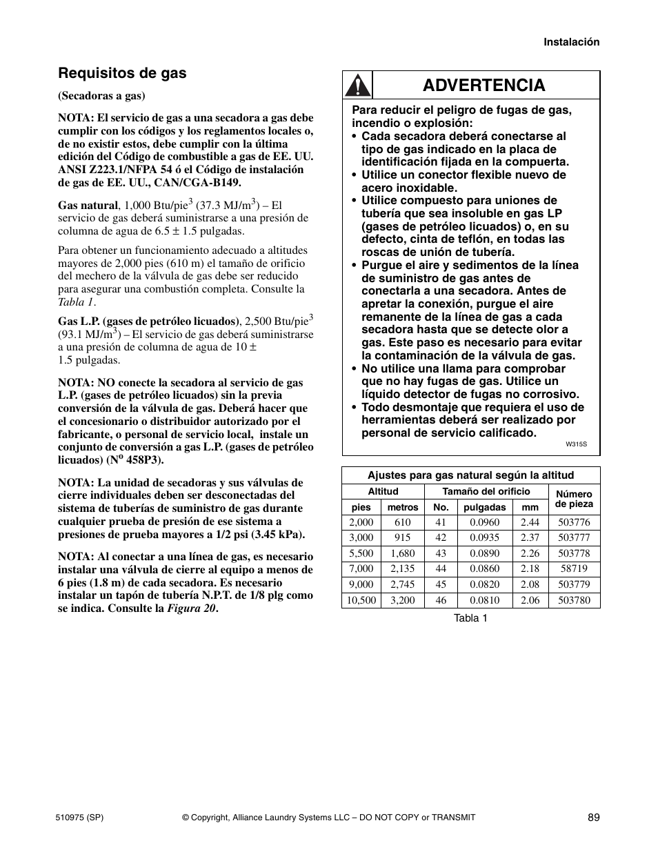 Advertencia, Requisitos de gas | Alliance Laundry Systems Stacked Clothes Dryer User Manual | Page 91 / 118