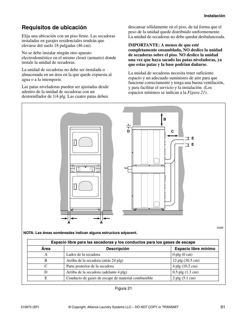 Requisitos de ubicación | Alliance Laundry Systems Stacked Clothes Dryer User Manual | Page 93 / 118