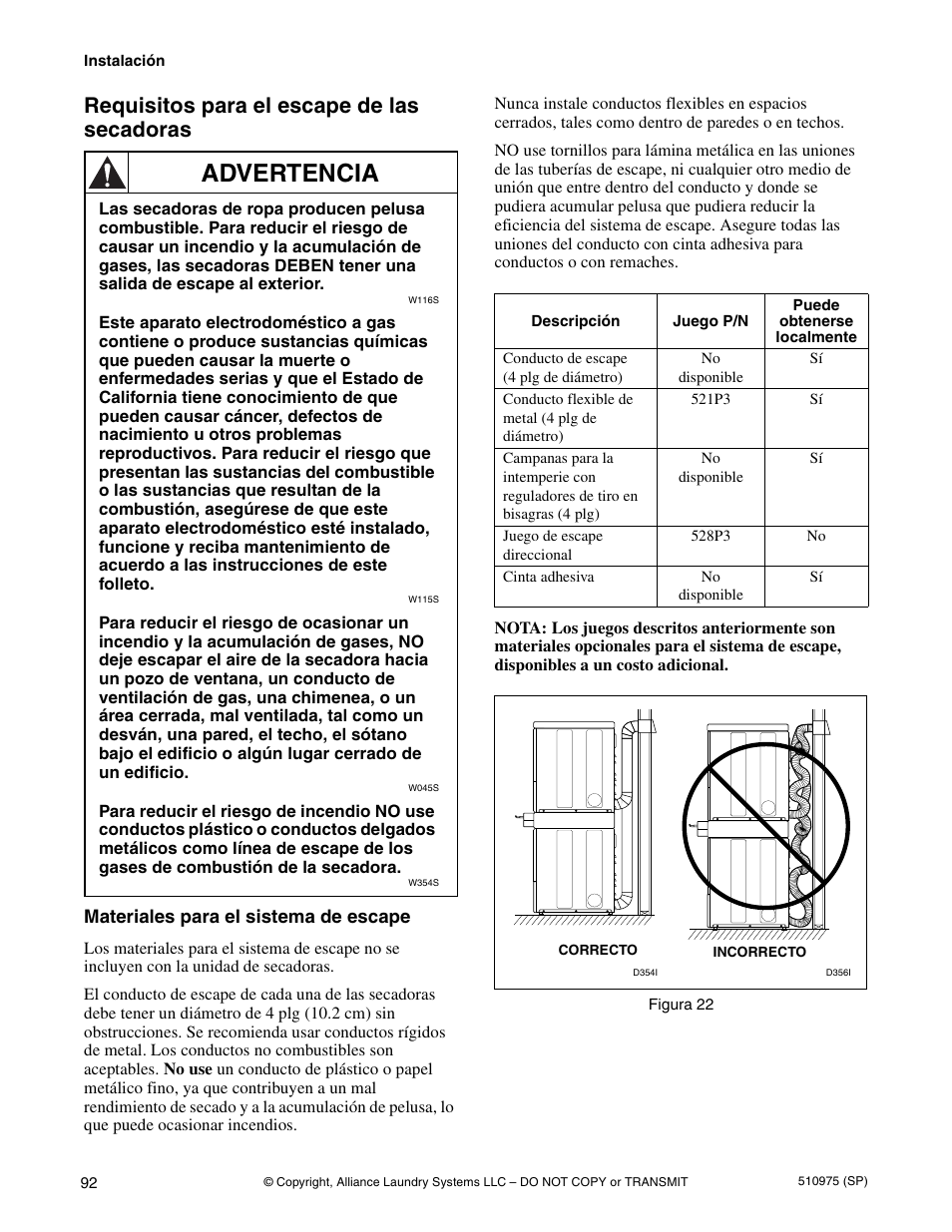 Advertencia, Requisitos para el escape de las secadoras | Alliance Laundry Systems Stacked Clothes Dryer User Manual | Page 94 / 118