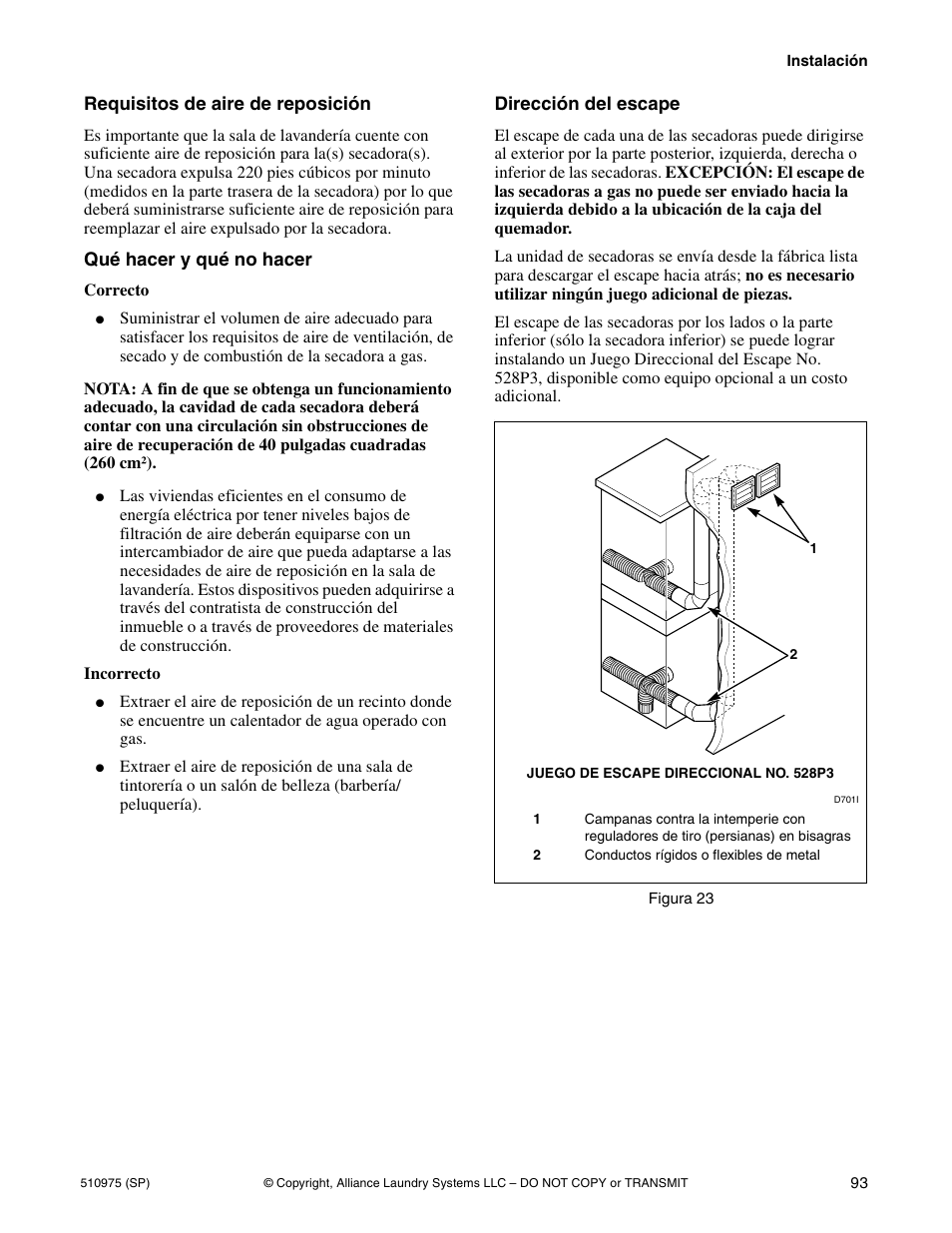 Requisitos de aire de reposición, Qué hacer y qué no hacer, Dirección del escape | Alliance Laundry Systems Stacked Clothes Dryer User Manual | Page 95 / 118