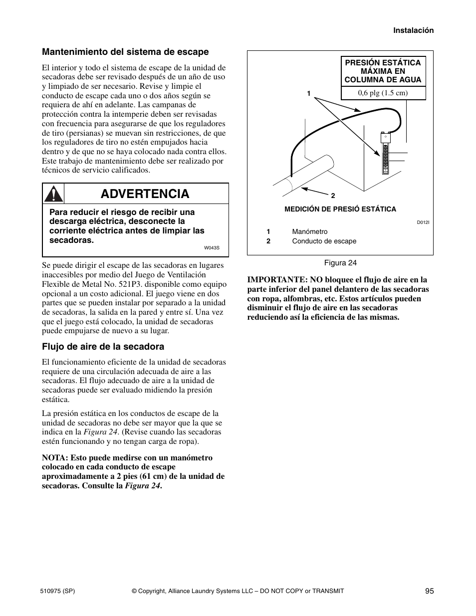 Advertencia, Mantenimiento del sistema de escape, Flujo de aire de la secadora | Alliance Laundry Systems Stacked Clothes Dryer User Manual | Page 97 / 118