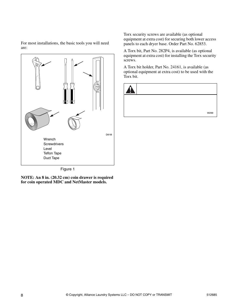 Before you start, Tools, Additional security | Warning | Alliance Laundry Systems 512685R2 User Manual | Page 10 / 50