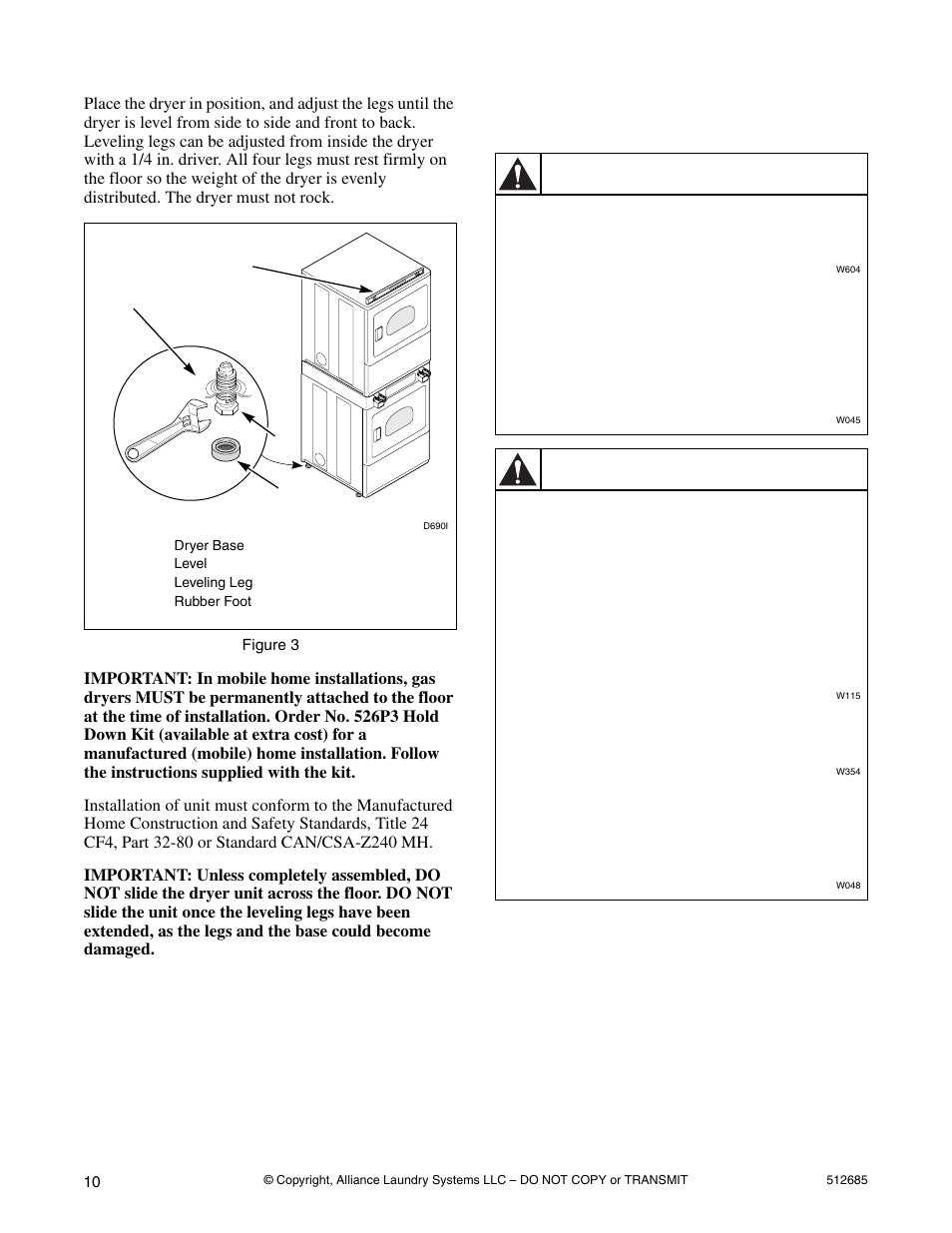 Step 2: connect dryer unit exhaust system, Warning | Alliance Laundry Systems 512685R2 User Manual | Page 12 / 50