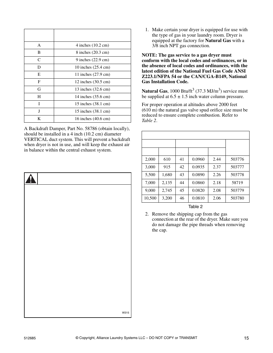 Step 3: (gas dryer only) connect gas supply pipe, Warning | Alliance Laundry Systems 512685R2 User Manual | Page 17 / 50