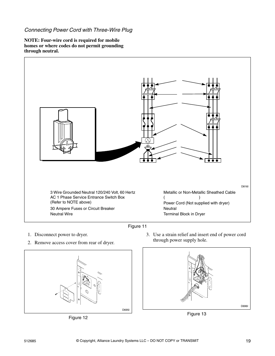 Connecting power cord with three-wire plug | Alliance Laundry Systems 512685R2 User Manual | Page 21 / 50