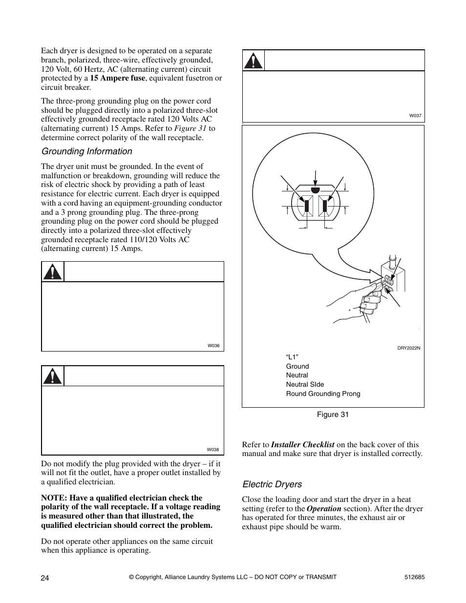 Warning, Grounding information, Step 8: recheck steps 1-7 | Step 9: check heat source electric dryers | Alliance Laundry Systems 512685R2 User Manual | Page 26 / 50