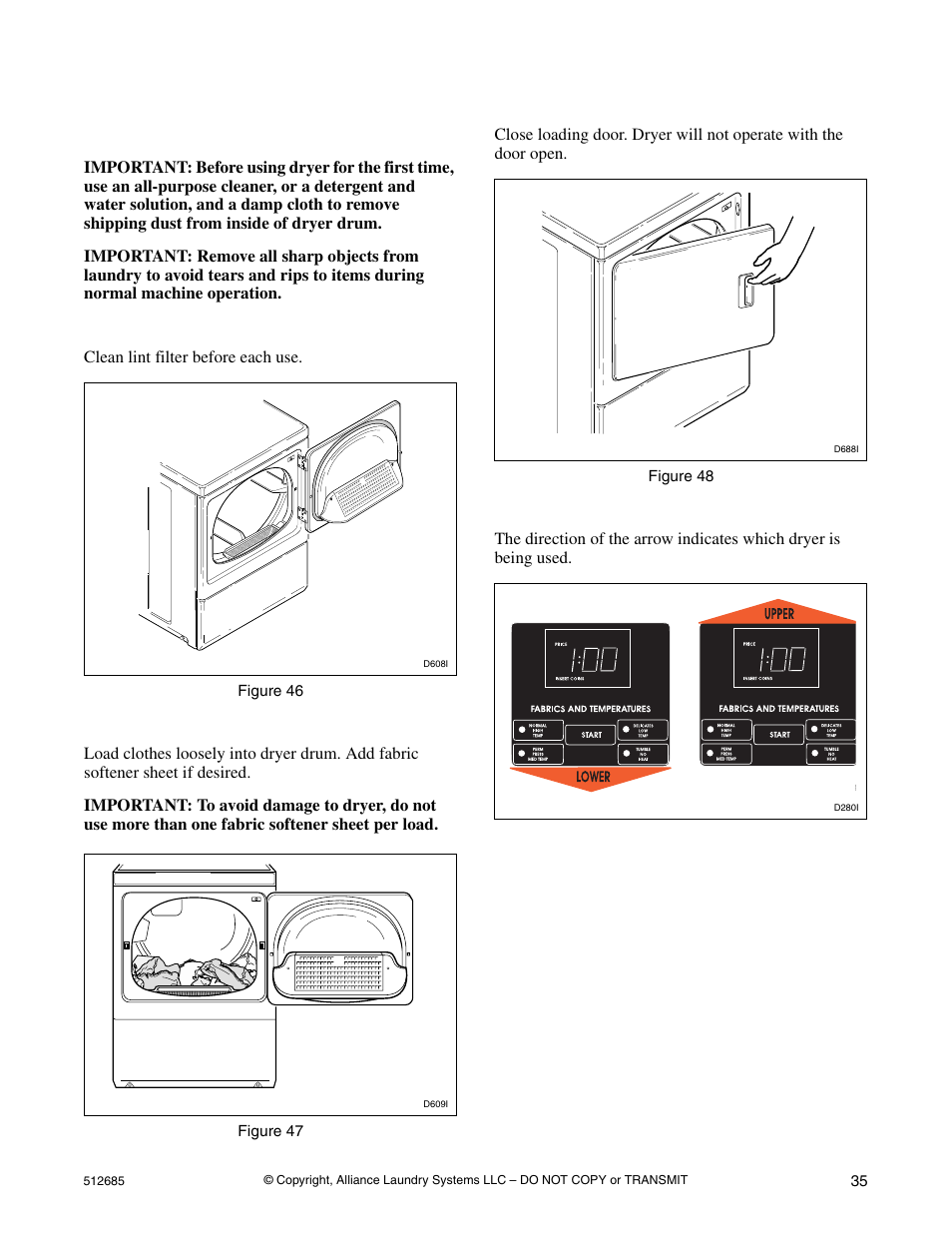 Step 1: clean lint filter, Step 2: load laundry, Step 3: close loading door | Step 4: determine proper dryer | Alliance Laundry Systems 512685R2 User Manual | Page 37 / 50