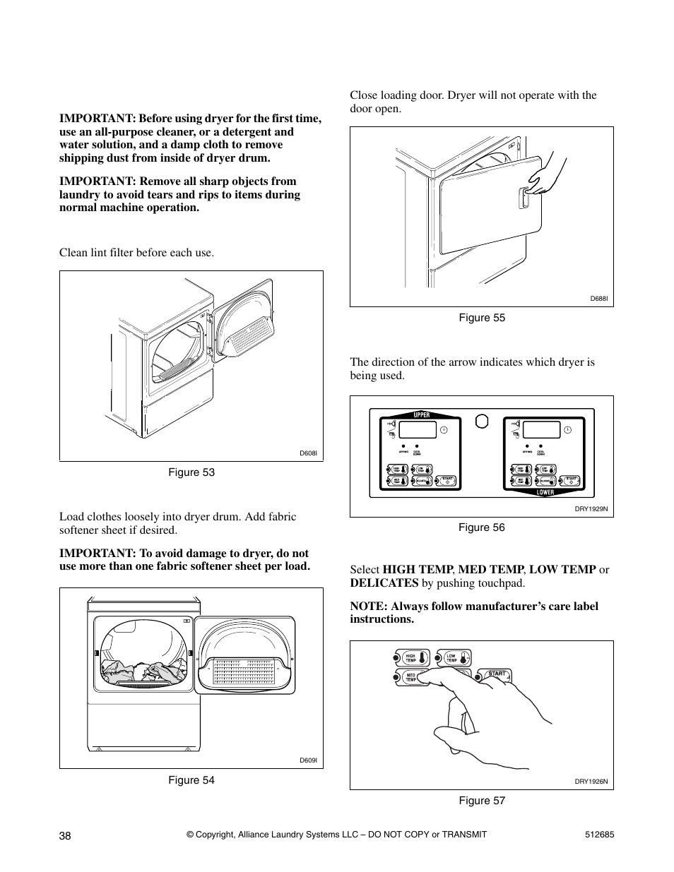 Operation instructions for mdc dryers, Step 1: clean lint filter, Step 2: load laundry | Step 3: close loading door, Step 4: determine proper dryer, Step 5: set fabric selector | Alliance Laundry Systems 512685R2 User Manual | Page 40 / 50