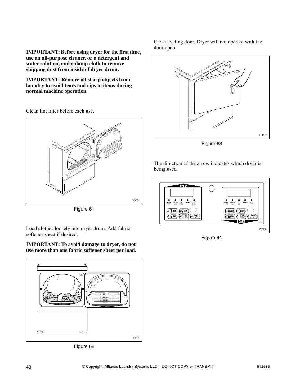 Operation instructions for netmaster dryers, Step 1: clean lint filter, Step 2: load laundry | Step 3: close loading door, Step 4: determine proper dryer | Alliance Laundry Systems 512685R2 User Manual | Page 42 / 50